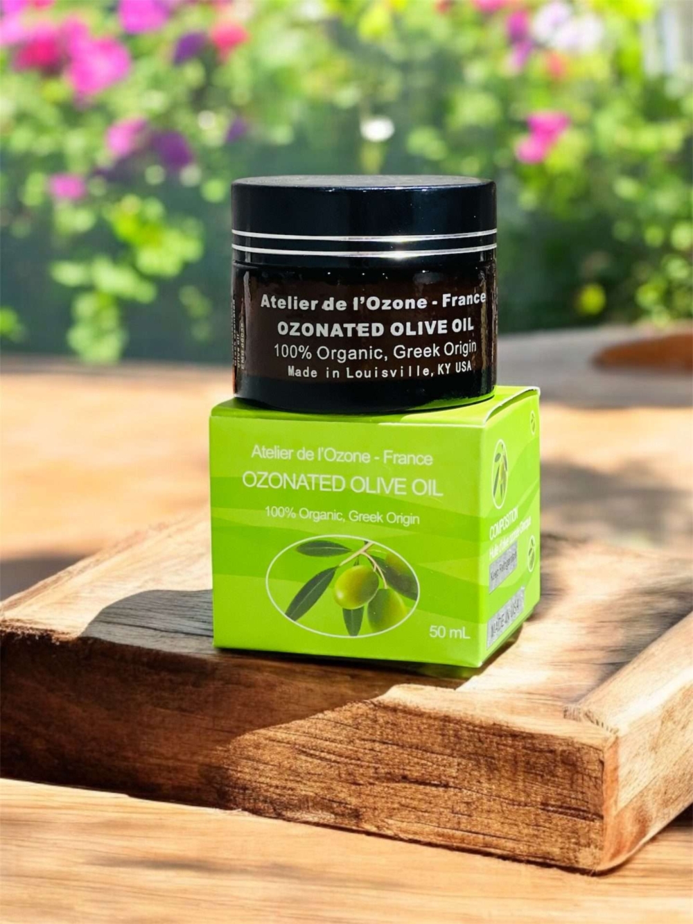 ozonated olive oil jar and box on wood