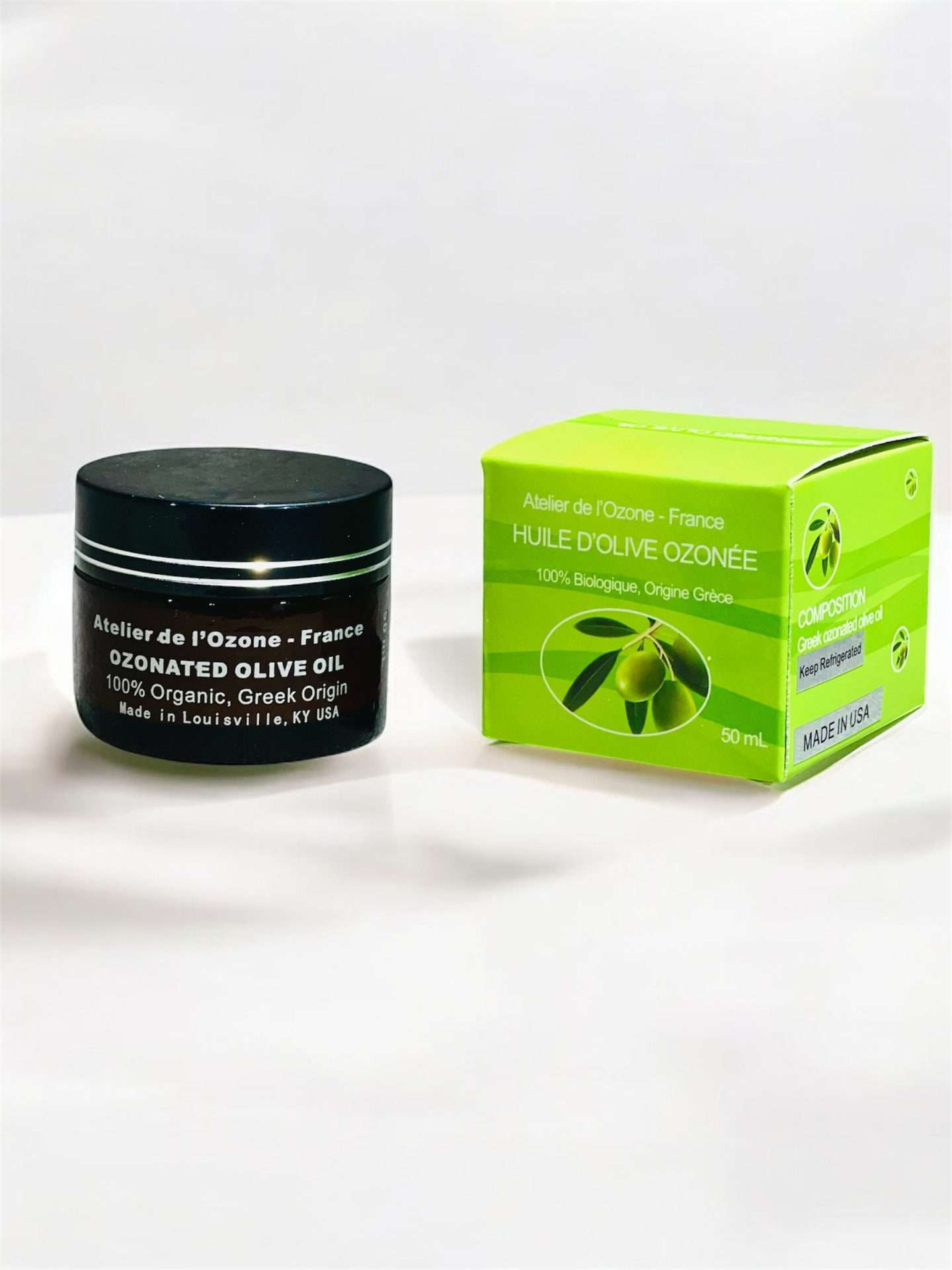 ozonated olive oil jar and box