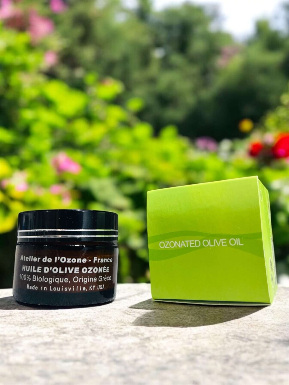 ozonated olive oil top of box and jar