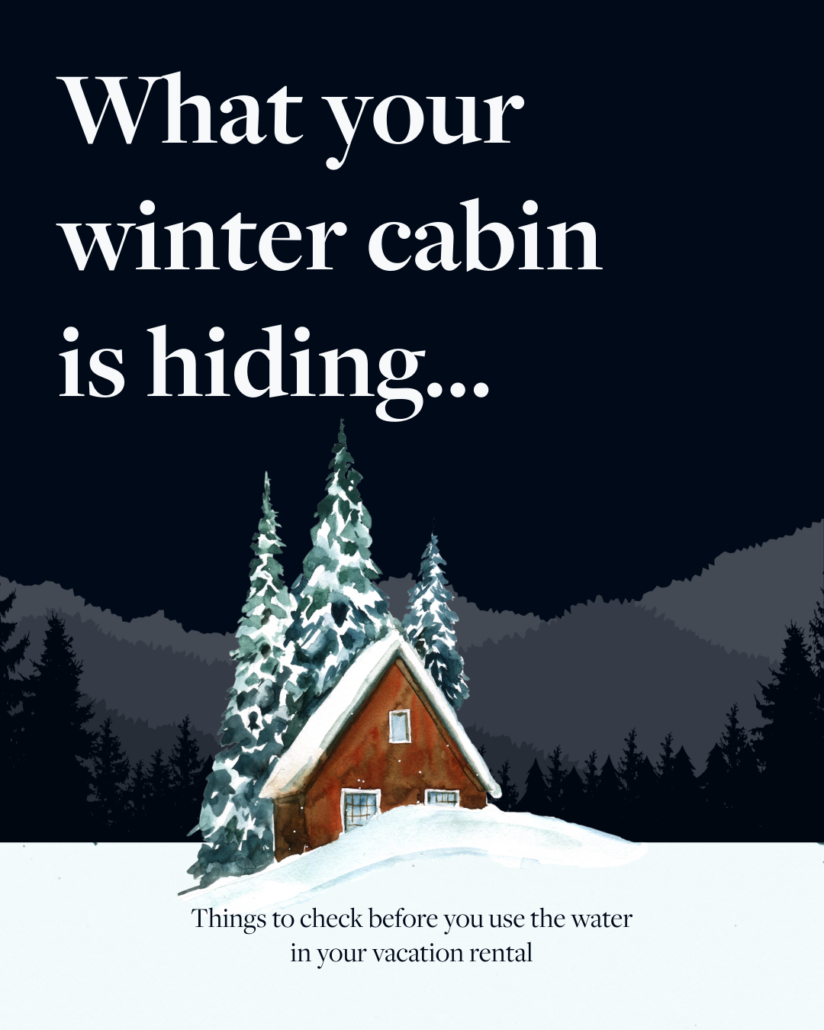 Illustration of a snowy cabin in the woods and mountains at night with the title text above it in a large white font: "What your winter cabin is hiding..." Below the cabin is a blanket of white snow where the subtitle sits in small black lettering: "Things to check before you use the water in your vacation rental."
